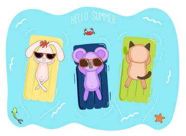 El vektör çizim bir koala, tavşan ve kedi içinde güneş gözlüğü şişme hava Şilteler, Yengeç, balık, deniz yıldızı ile denizde yüzen metin Merhaba yaz çekilmiş..