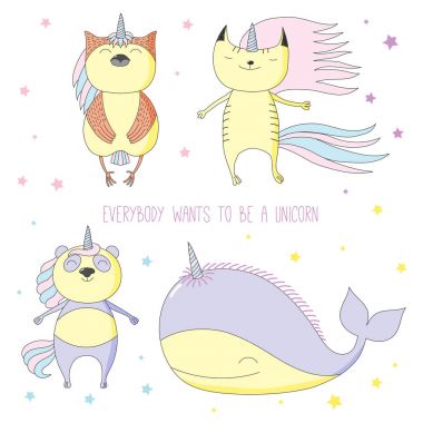 Elle çizilmiş vektör çizim bir sevimli balina, kedi, panda ve baykuş tek boynuzlu atlar arasında yıldızlarla metin olarak.