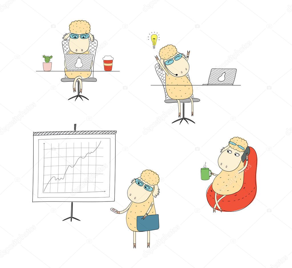 Hand drawn vector illustration of a funny sheep working in an office, with a laptop, doing presentation, talking on the phone.