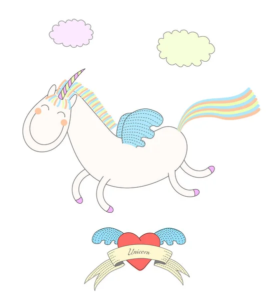 Ilustrasi unicorn terbang yang lucu - Stok Vektor