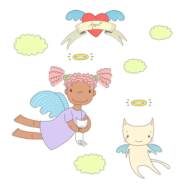 Aranyos angyal, és a macska illusztráció — Stock Vector