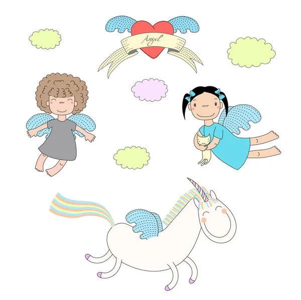 Angeli carino e unicorno illustrazione — Vettoriale Stock
