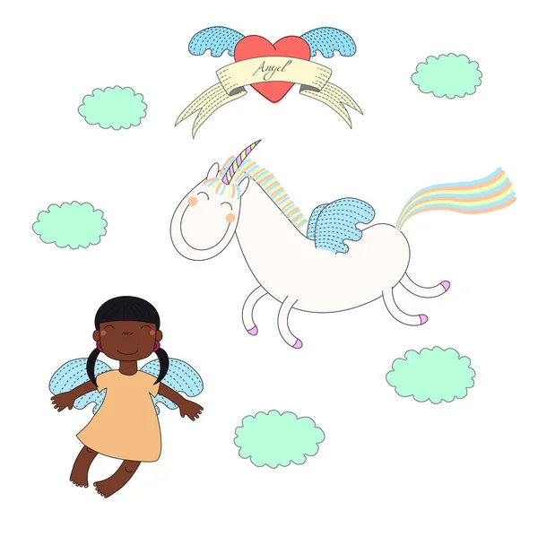 Söt ängel och unicorn illustration — Stock vektor