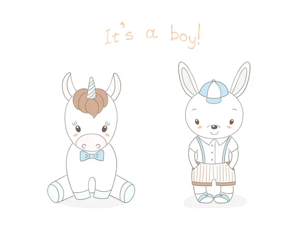 Bébé lapin garçon et bébé licorne garçon — Image vectorielle