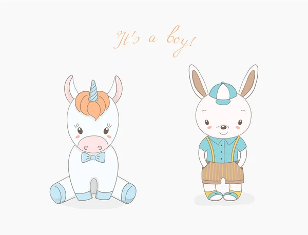 Μωρό λαγουδάκι αγόρι και το αγόρι μωρό μονόκερως — Διανυσματικό Αρχείο