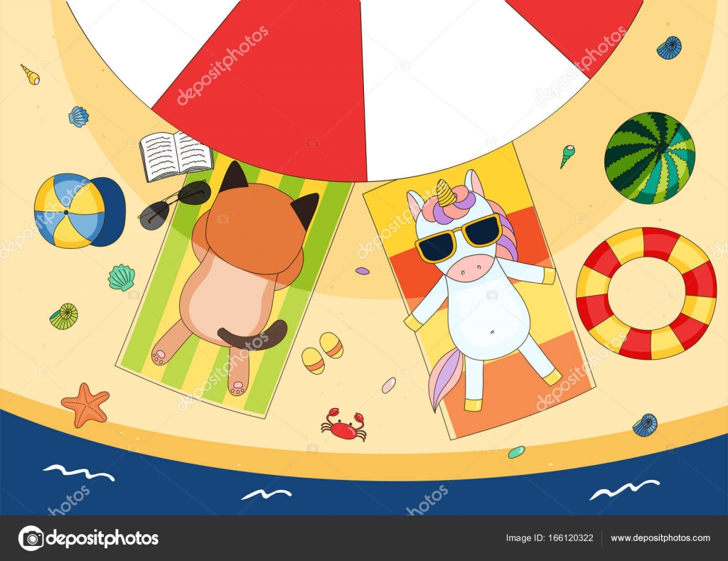 Licorne Mignon Et Chat Sur La Plage Image Vectorielle
