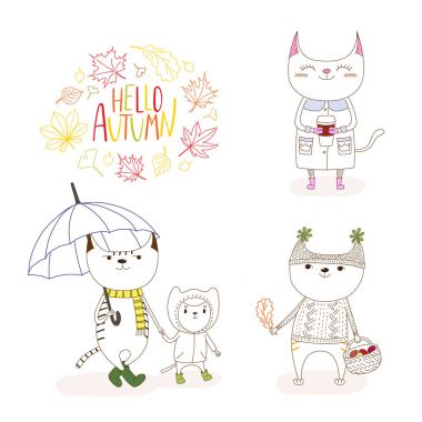 Güz yaprakları ve alıntı ile sevimli kediler