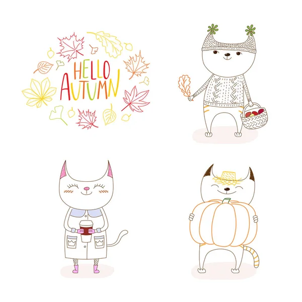 Güz yaprakları ve alıntı ile sevimli kediler