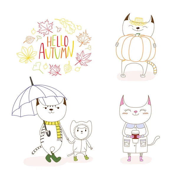 Schattige katten in de herfst met bladeren en offerte — Stockvector