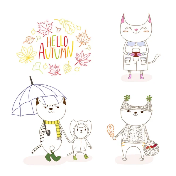 Güz yaprakları ve alıntı ile sevimli kediler