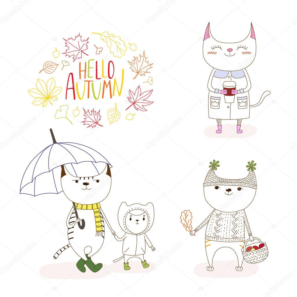 Cute cats in autumn with leaves and quote