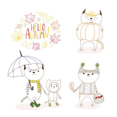 Güz yaprakları ve alıntı ile sevimli kediler
