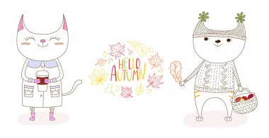 Güz yaprakları ve alıntı ile sevimli kediler