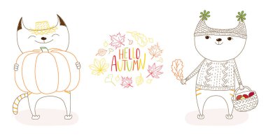 Güz yaprakları ve alıntı ile sevimli kediler