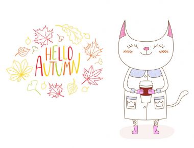 Güz yaprakları ve alıntı ile sevimli kediler