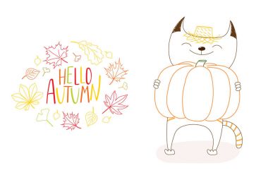 Güz yaprakları ve alıntı ile sevimli kediler