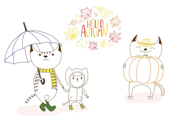 秋の葉と引用にかわいい猫 — ストックベクタ