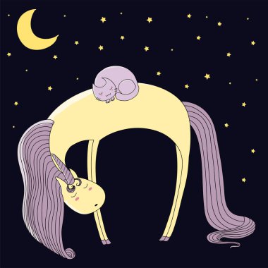 Tek boynuzlu at ve kedi uyku