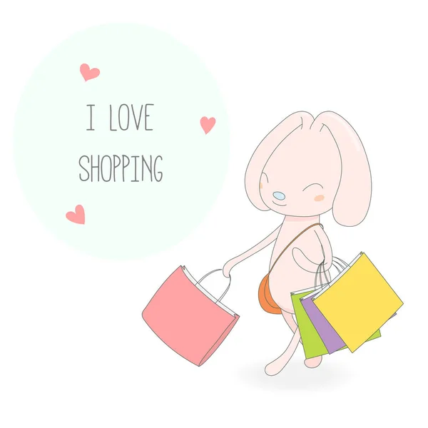 Lindo conejito feliz compras — Vector de stock