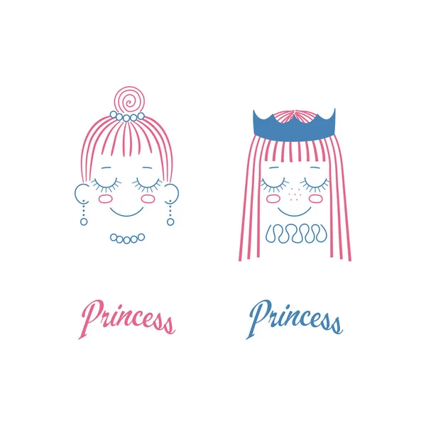 Caniches de jolies filles visages aux cheveux longs, couronne, col plissé — Image vectorielle