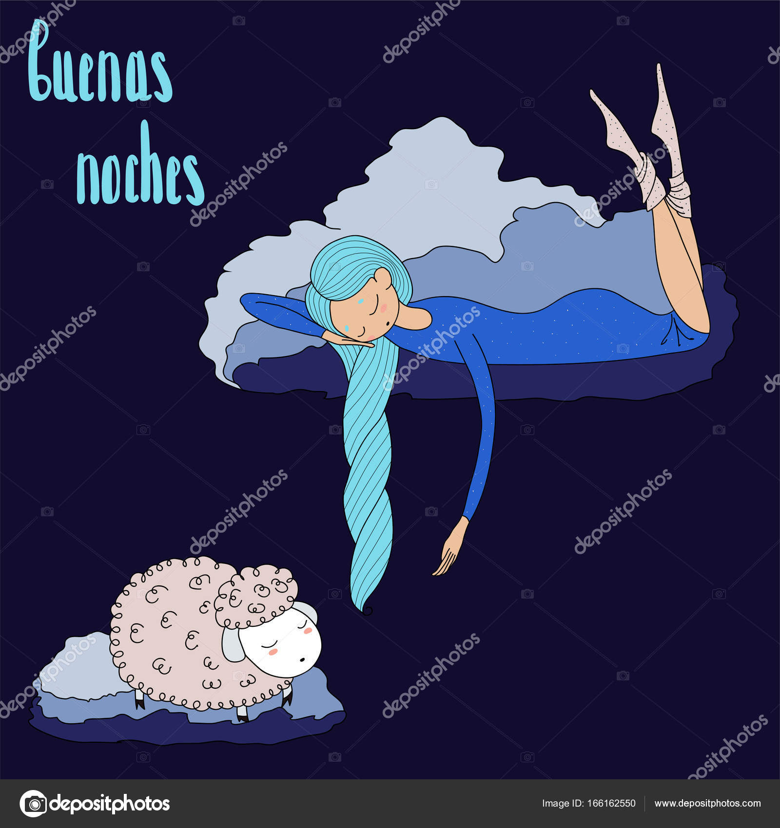Mano di vettore disegnato un sonno ragazza e pecore galleggianti sulle nubi con testo spagnolo Buenas noches buona notte Og ti isolati