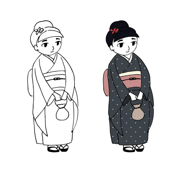 Ilustração vetor desenhado à mão de uma menina curvilínea bonito vestido em quimono japonês com bolinhas, segurando pequena bolsa, com flor no cabelo, em sandálias zori . — Vetor de Stock