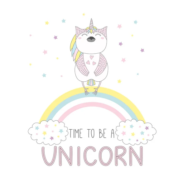 Schattig unicorn uil op de regenboog — Stockvector