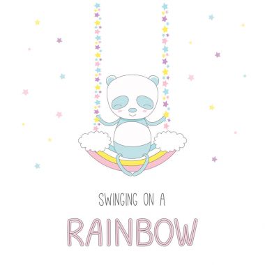 Sevimli panda bir gökkuşağı üzerinde sallanan