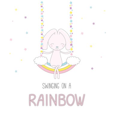 Gökkuşağı salıncak üzerinde küçük tavşan