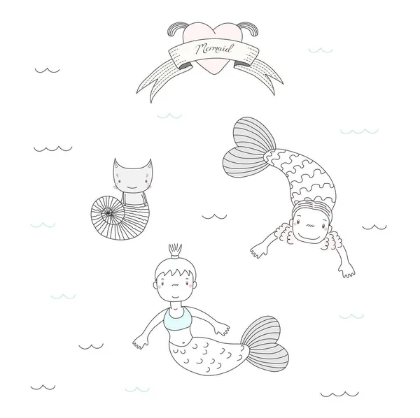 Kleine zeemeermin meisjes en kat — Stockvector