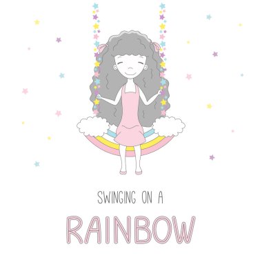 Sevimli küçük kız Rainbow üzerinde sallanan