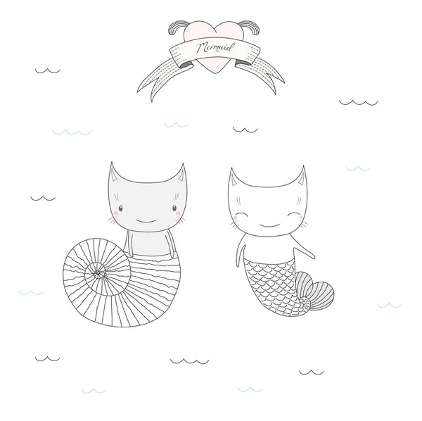 Cute little mermaid cats — Stock Vector