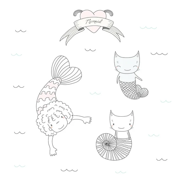 Schattige zeemeermin meisje en twee katten — Stockvector