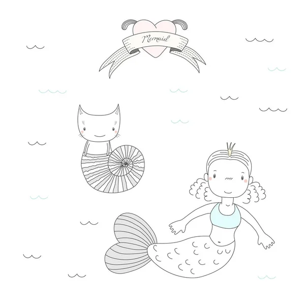 Sevimli küçük denizkızı prenses ve bir kedi — Stok Vektör