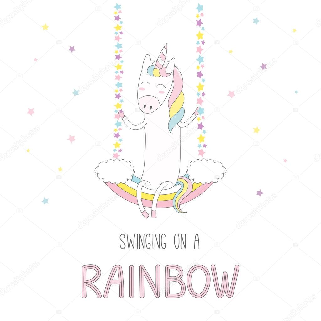 Cute unicorn swinging on a rainbow