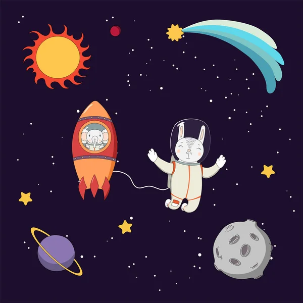 Lindos astronautas animales en el espacio — Vector de stock