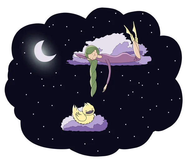 Στον ύπνο κορίτσι που επιπλέει στην σύννεφα — Διανυσματικό Αρχείο