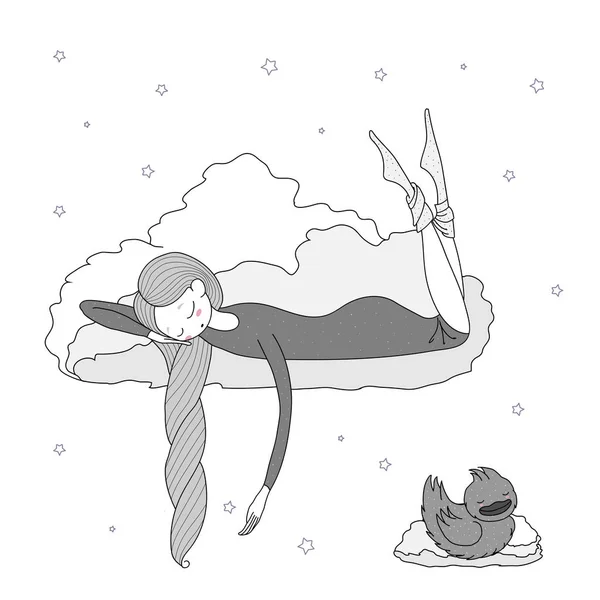 Menina dormindo flutuando em nuvens —  Vetores de Stock