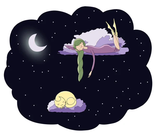 Durmiendo chica flotando en nubes — Vector de stock