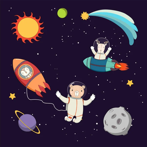 Carino astronauti animali nello spazio — Vettoriale Stock