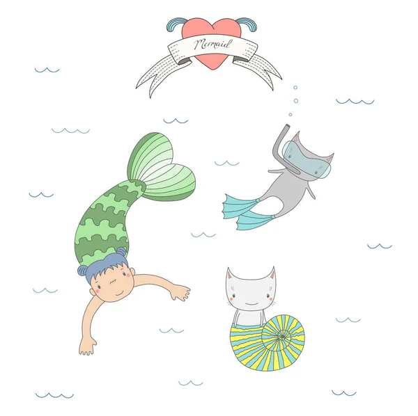 Niedliche Meerjungfrauen und Katzen — Stockvektor