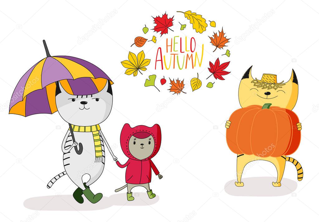 cats with autumn leaves and quote