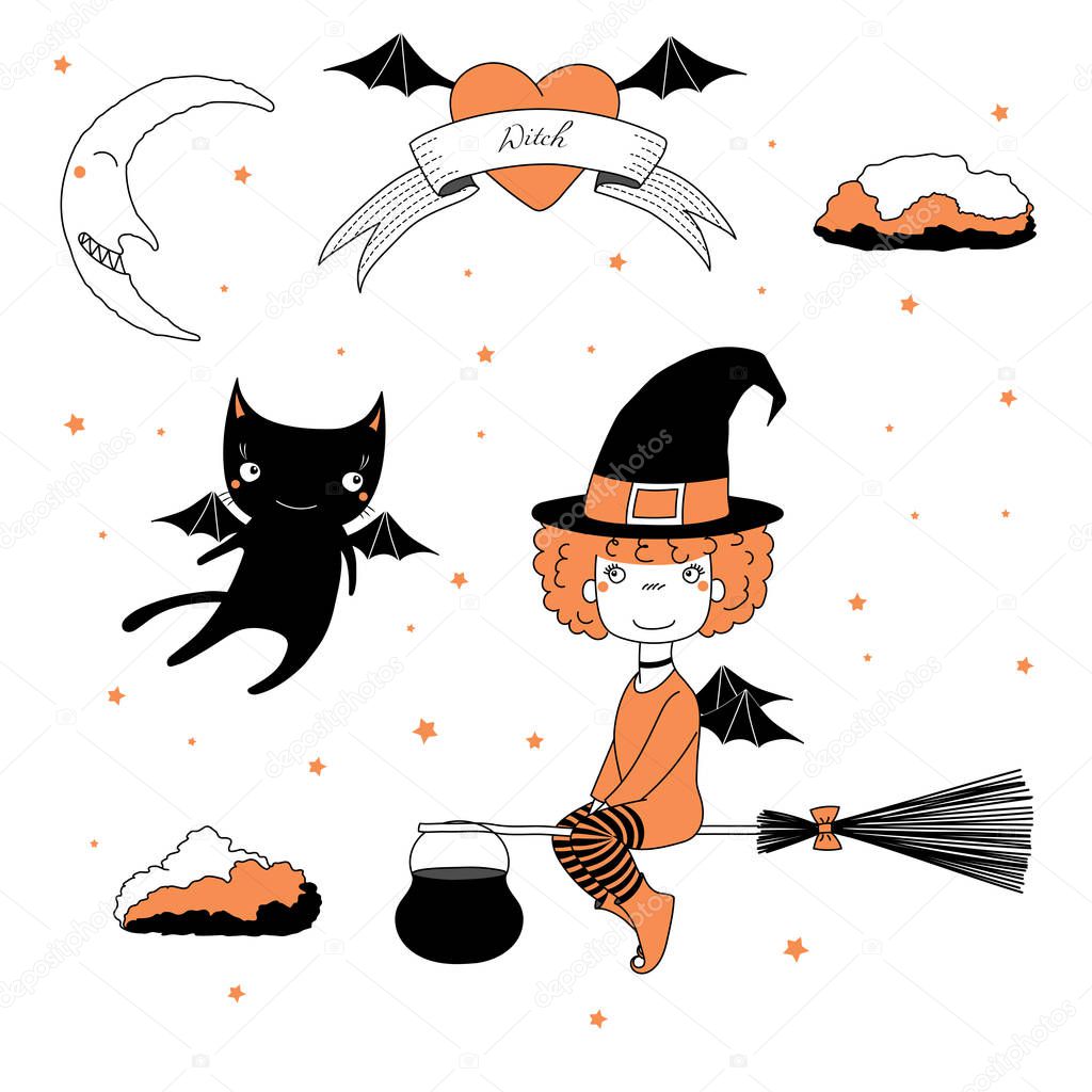 Funny witch flying on broomstick