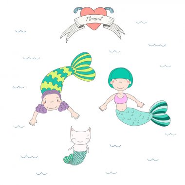 Sevimli deniz kızları ve kedi