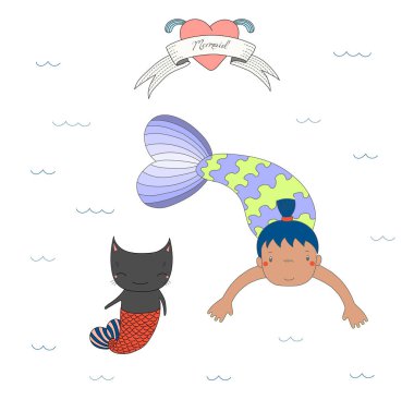 Sevimli deniz kızları ve kedi