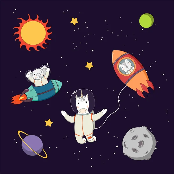 Cute animal astronauts in space — Stock Vector