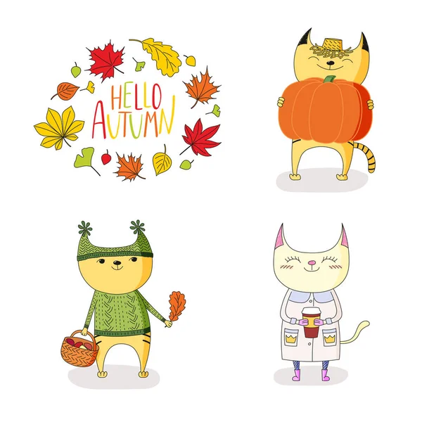 Gatos com folhas de outono e citação —  Vetores de Stock