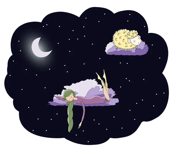 Durmiendo chica flotando en nubes — Vector de stock