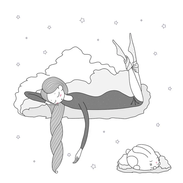 Durmiendo chica flotando en nubes — Vector de stock