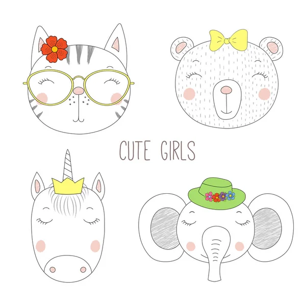 Conjunto de meninas desenhos animados —  Vetores de Stock